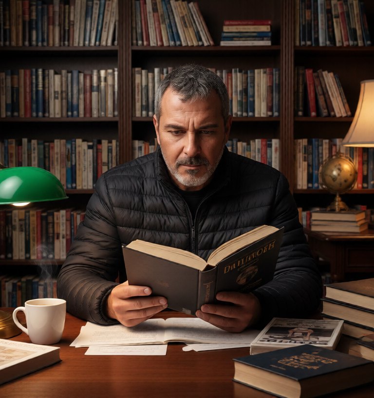Enrique Pedro León Garrido leyendo en una biblioteca